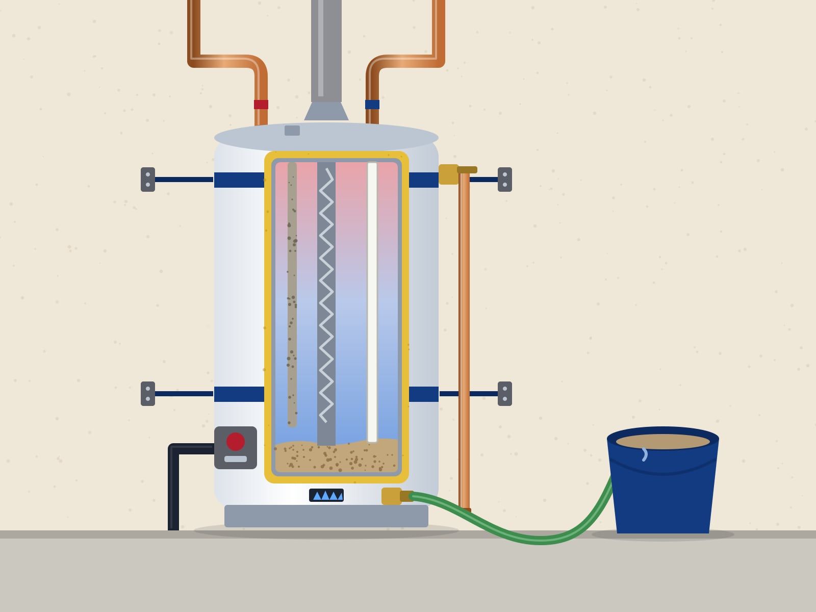 Illustration of a tank water heater in cutaway, showing the anode rod and sediment, with two seismic straps and a hose draining into a bucket